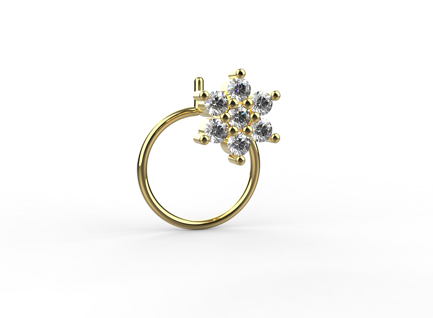 Dainty floral nose pin for women with a sparkling stone in 18K gold plated 925 silver