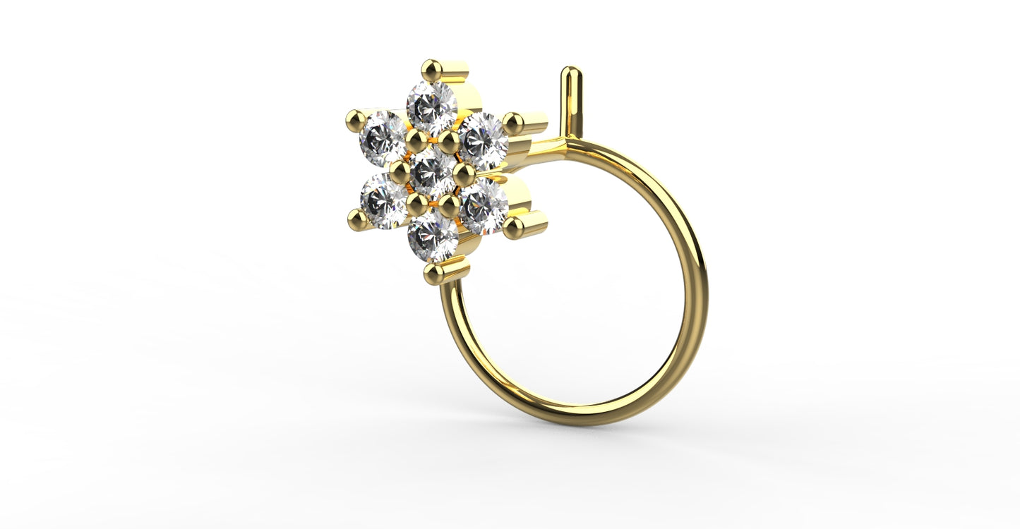 Minimal flower-shaped stone nose pin in 925 silver with 18K gold plating – designed for women